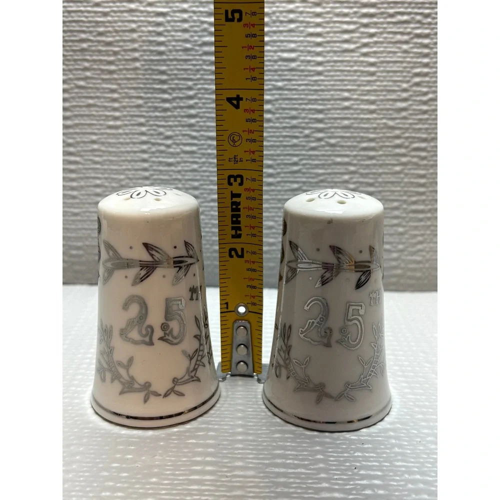 Vintage 25th Wedding Anniversary Salt and Pepper Shakers Silver White Ceramic 3
